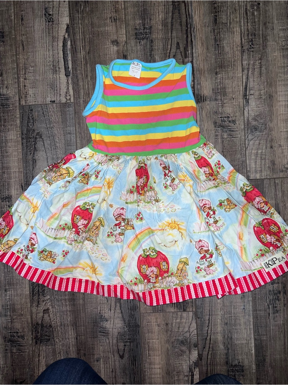 KPEA Rainbow Stripe and Vintage Strawberry Shortcake Print Sleeveless Dress